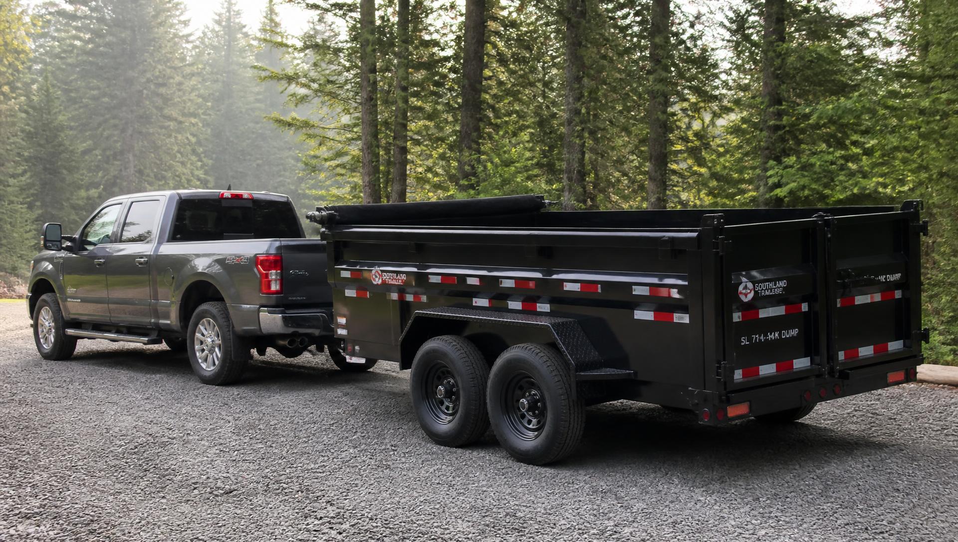 Wild Roots Hauling dump trailer parked on a gravel driveway in an Oregon forest